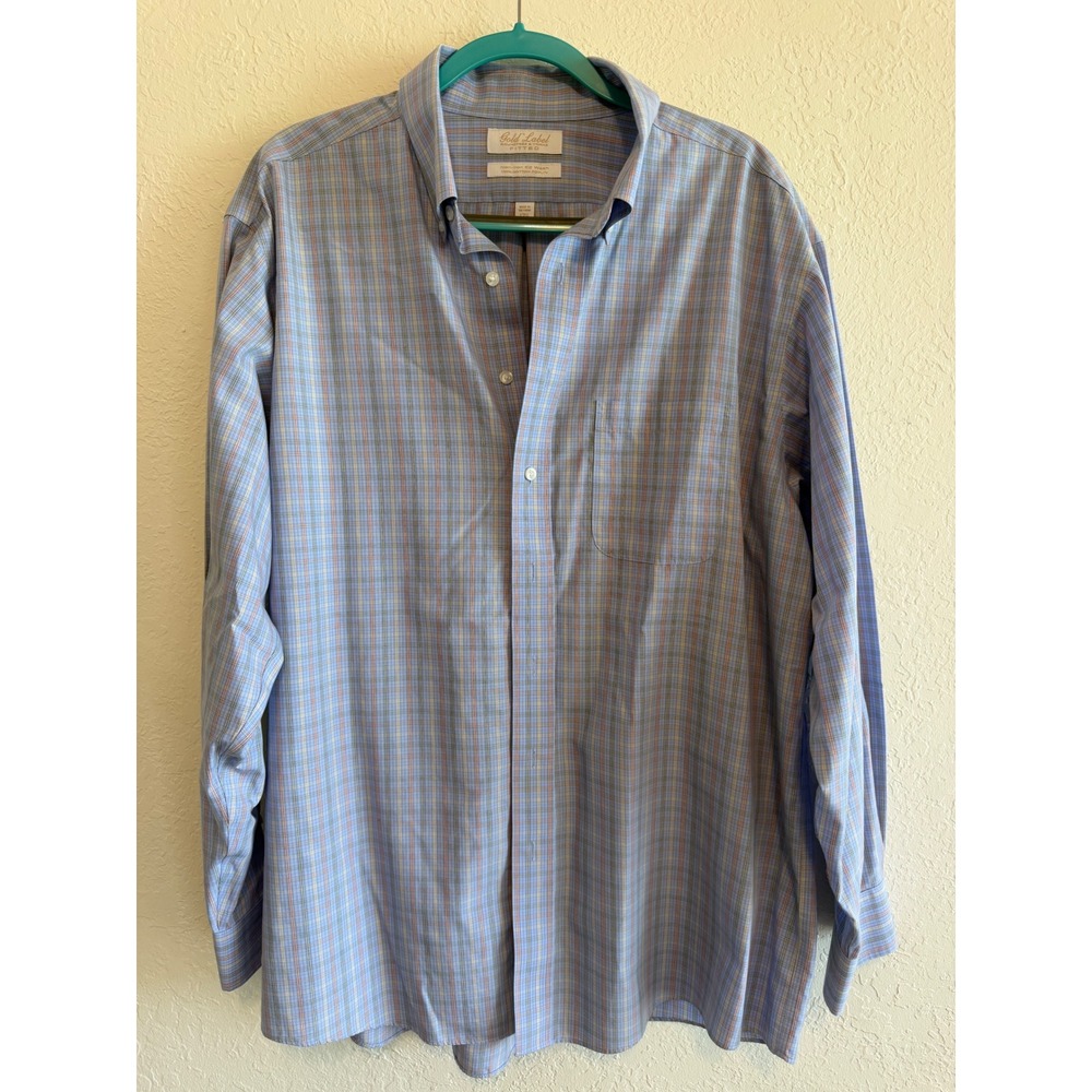 Roundtree &‎ Yorke Gold Label Fitted Non-Iron Plaid Shirt 17.5 Mens Long Sleeve